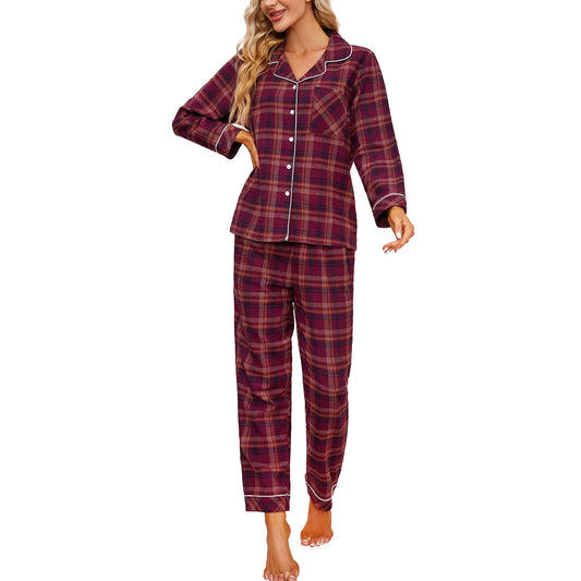 Women Soft Plaid Cotton Pajama Set